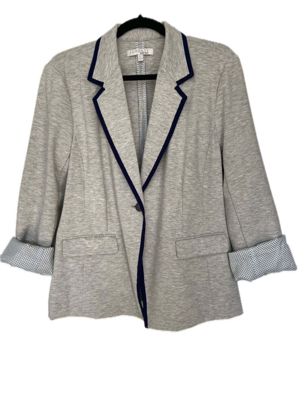 Grey Knit Blazer Large Stretch Jacket Navy Trim Lightweight Preppy EUC - Picture 2 of 11